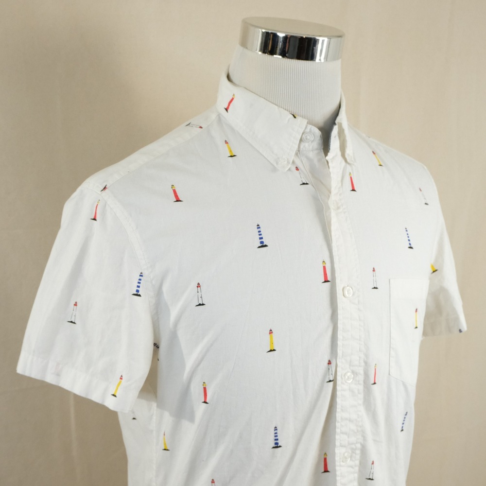 J. Crew Medium Button Down Shirt White Lighthouse Print Short Sleeve Cotton Mens